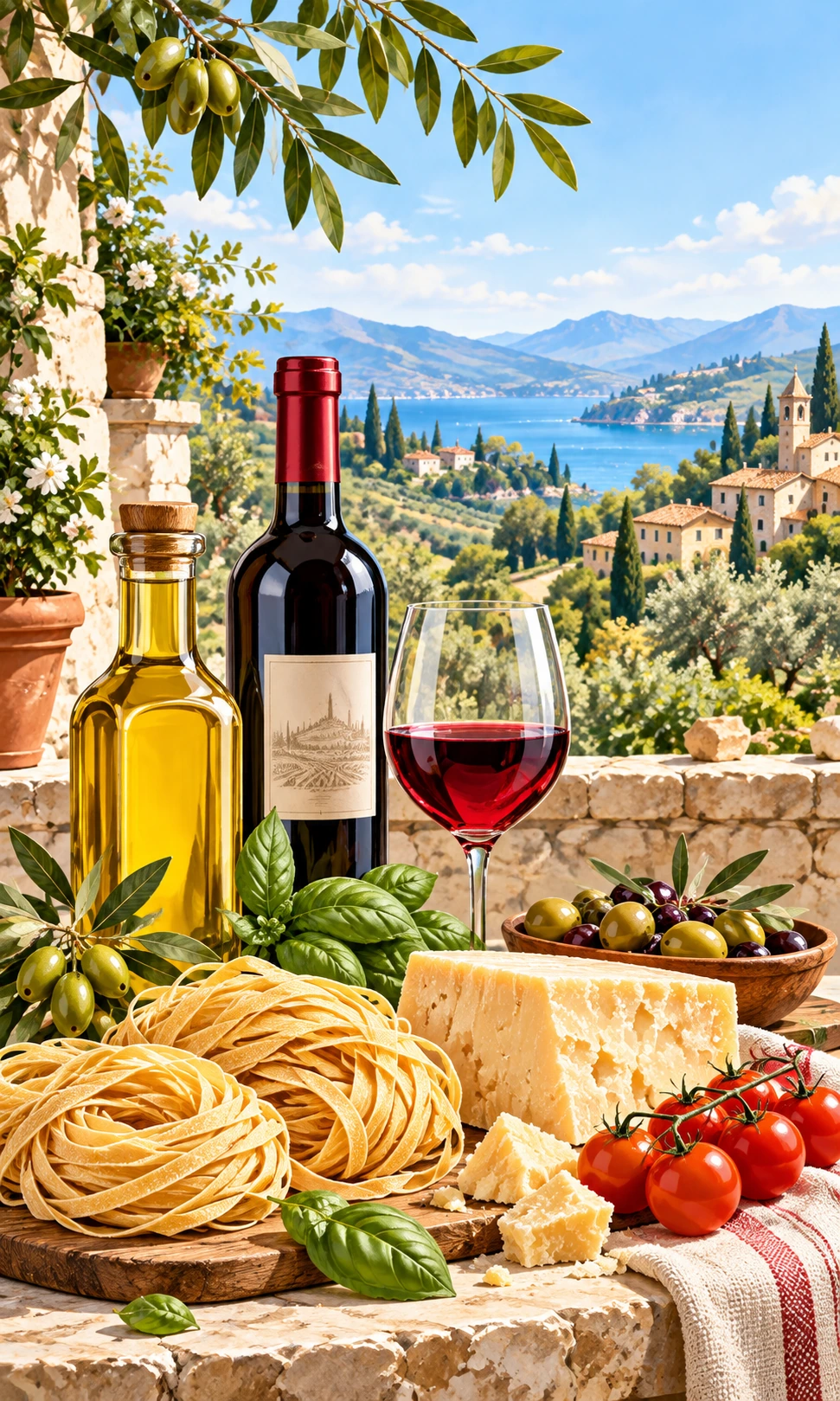 Italian products including pasta, olive oil, cheese, cured meats and wine