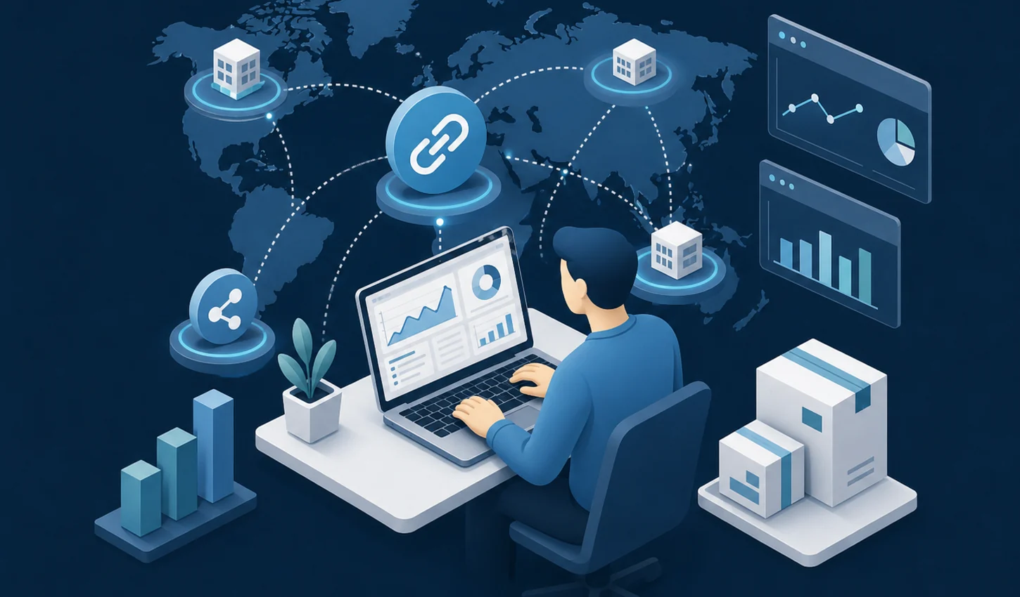 Illustrazione del programma affiliato web Macrigi con rete digitale e dashboard.