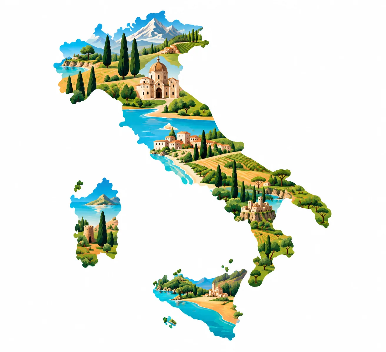 Mappa illustrata dell’Italia con paesaggi del territorio