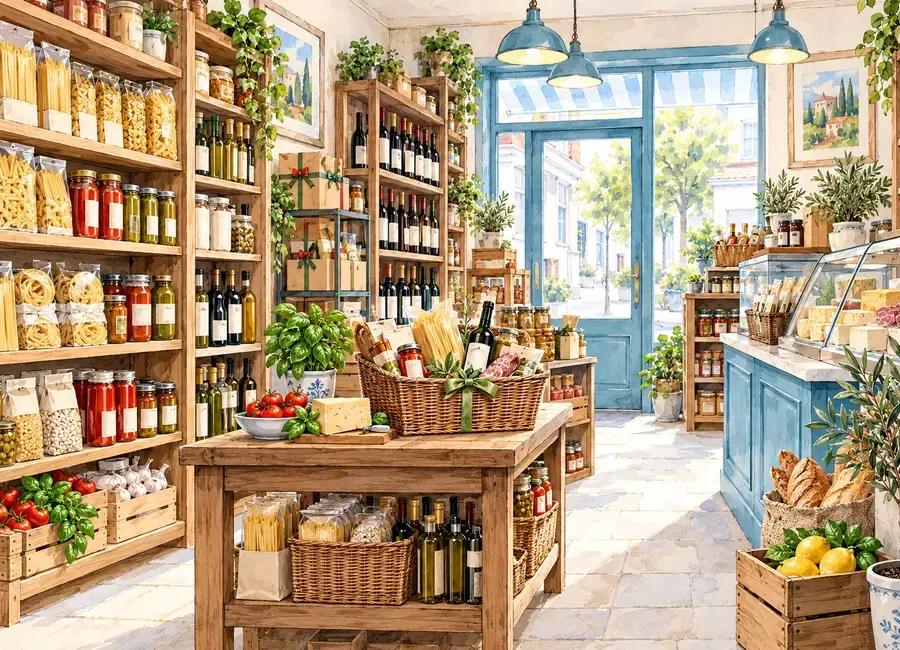 Interno del punto vendita Macrigi con prodotti italiani nel Regno Unito