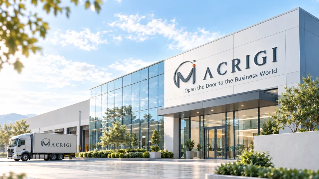 “Sede Macrigi con logo aziendale e motto Open the Door to the Business World”